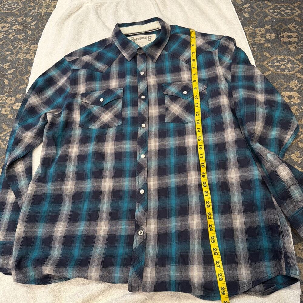 VTG Genuine Roebucks Plaid Western Shirt Mens XL Long Sleeve Pearl Snap